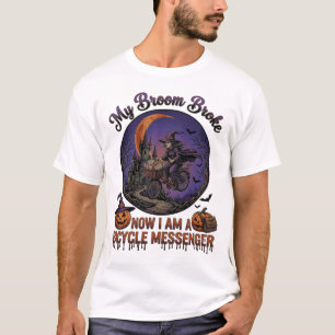 Bezem Gebroken Fiets Koerier Heks Halloween Maan T-shirt