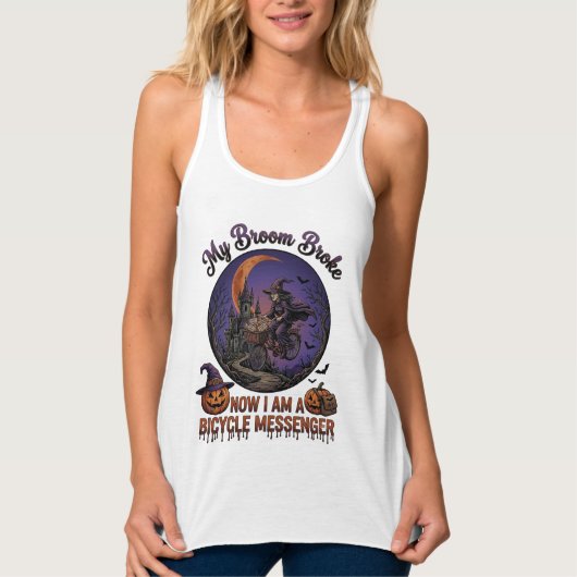 Bezem Gebroken Fiets Koerier Heks Halloween Maan Tanktop (Voorkant)