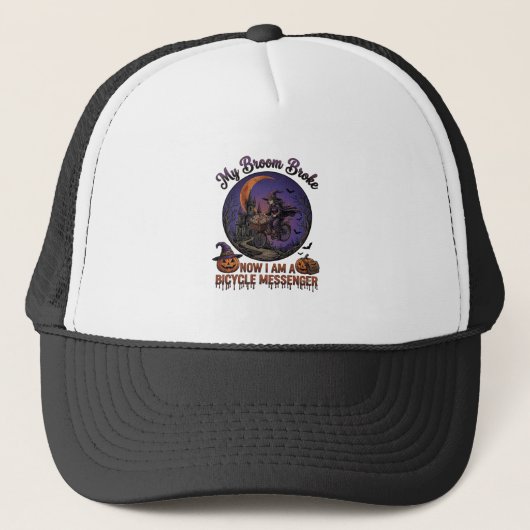 Bezem Gebroken Fiets Koerier Heks Halloween Maan Trucker Pet (Voorkant)