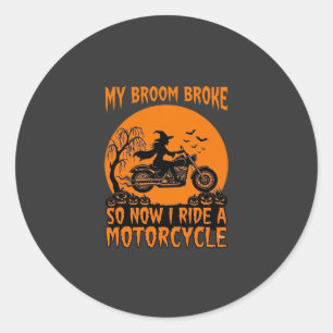 Bezem Gebroken Halloween Heks Motorfiets Vleermuiz Ronde Sticker