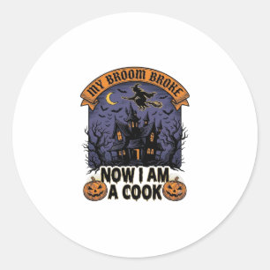 Bezem Gebroken Heks Halloween Kook Straf_1 Ronde Sticker