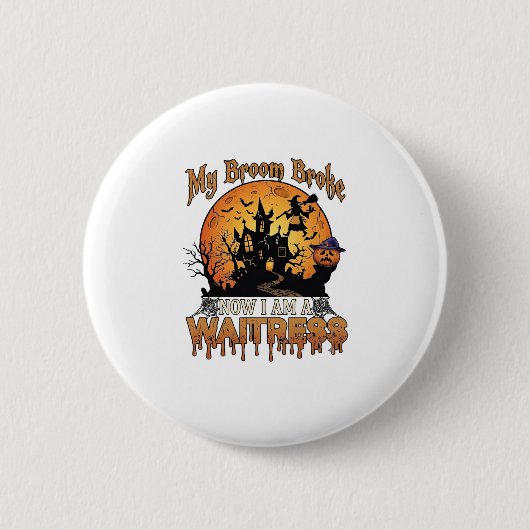 Bezem Gebroken Serveerster Halloween Heks Spookhui Ronde Button 5,7 Cm (Voorkant)