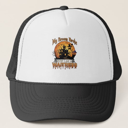 Bezem Gebroken Serveerster Halloween Heks Spookhui Trucker Pet (Voorkant)