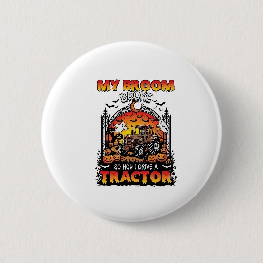 Bezem Gebroken Tractor Halloween Heks Geesten_1 Ronde Button 5,7 Cm (Voorkant)