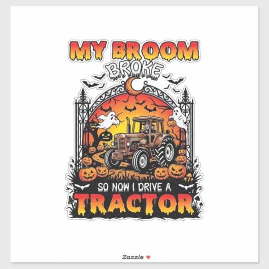Bezem Gebroken Tractor Halloween Heks Geesten_1 Sticker (Vel)