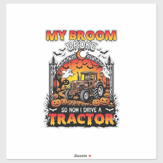 Bezem Gebroken Tractor Halloween Heks Geesten_1 Sticker (Vel)