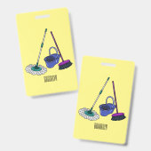 Bezem & mop cartoon illustratie badge (Voor- en achterkant)