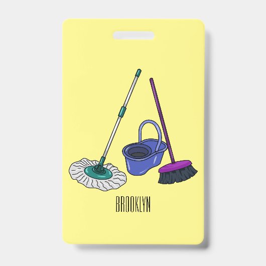 Bezem & mop cartoon illustratie badge (Voorzijde)