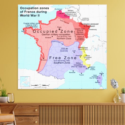 Bezettingsgebieden van Frankrijk tijdens de Tweede Canvas Afdruk (Insitu (Woonkamer))