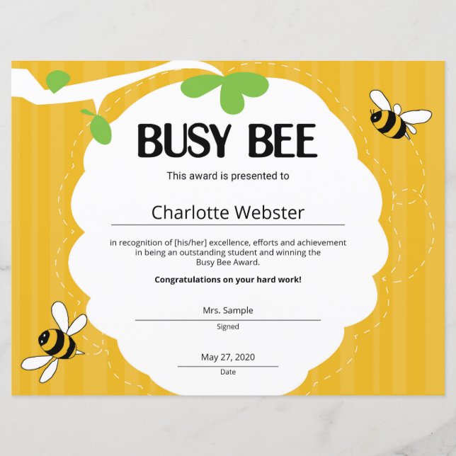 Bezig Bee CertificateStudent RecognitionCertificat (Voorkant)
