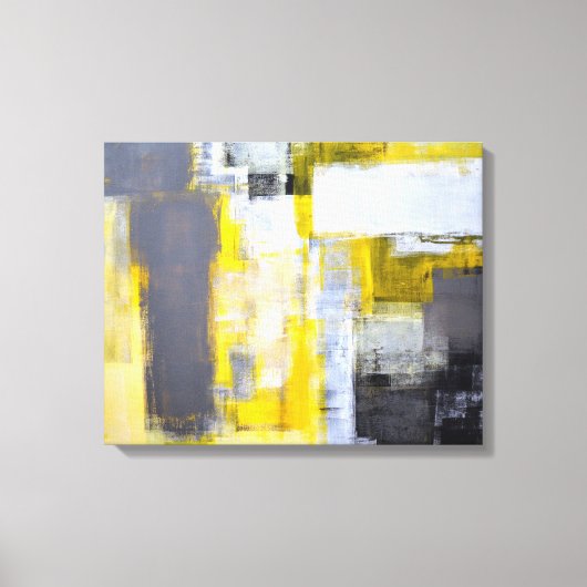 'Bezig, bezige' grijze en gele Abstracte kunst Canvas Afdruk (Voorkant)