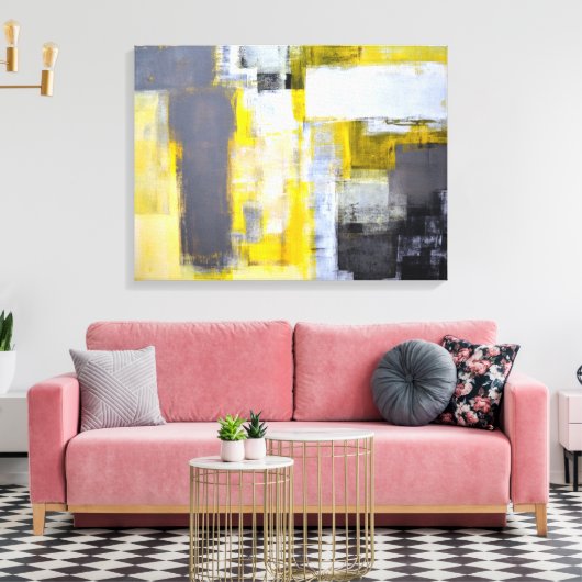 'Bezig, bezige' grijze en gele Abstracte kunst Canvas Afdruk (Insitu (Woonkamer))