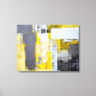 'Bezig, bezige' grijze en gele Abstracte kunst Canvas Afdruk