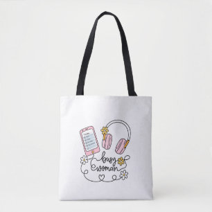 Bezig Vrouw Schattige Bloemige Koptelefoon & Telef Tote Bag