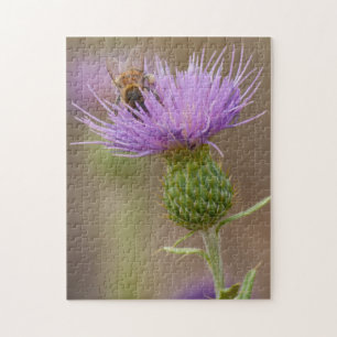 Bezige bijen begraven in Paarse Thistle Flower Pho Legpuzzel