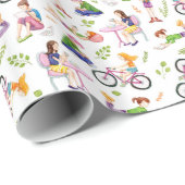 Bezige Meisjes Waterverf Patroon Cadeaupapier (Rol Hoek)