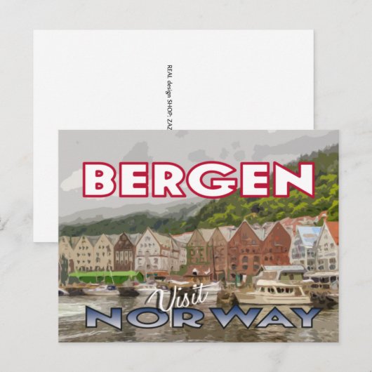 Bezoek... Bergen, Noorwegen - briefkaart (Voorkant / Achterkant)