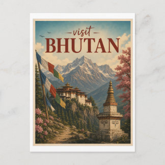 Bezoek Bhutan Reis Vintage Briefkaart