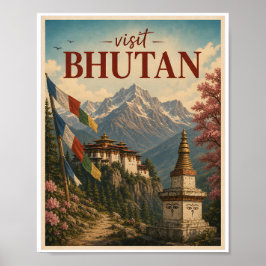 Bezoek Bhutan Reis Vintage Poster