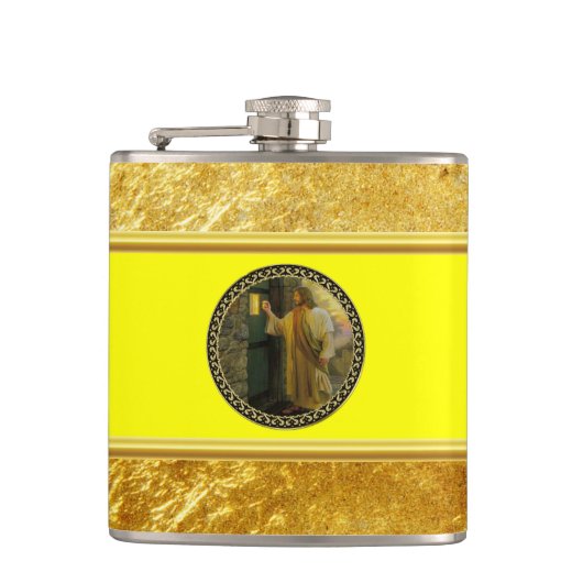 Bezoek bij zonsopgang Jezus Klop op een rustieke d Heupfles (Voorkant)