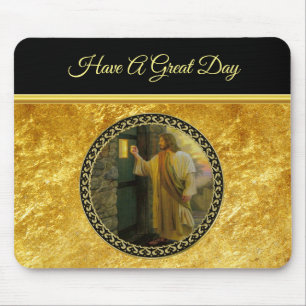 Bezoek bij zonsopgang Jezus Klop op een rustieke d Muismat