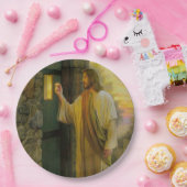 Bezoek bij zonsopgang Jezus Klop op een rustieke d Papieren Bordje (Feest)