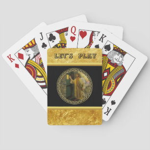 Bezoek bij zonsopgang Jezus Klop op een rustieke d Pokerkaarten