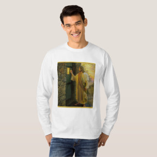 Bezoek bij zonsopgang Jezus Klop op een rustieke d T-shirt