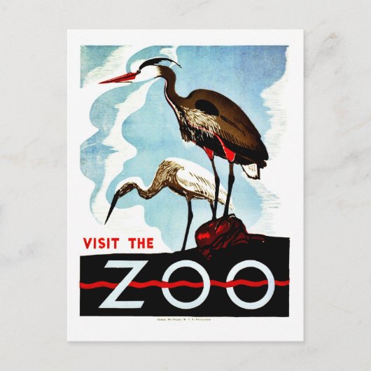 Bezoek de dierentuin, de herons,  retro WPA Briefkaart (Voorkant)