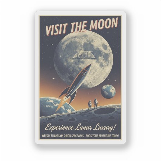 Bezoek de Maan - Retro reisposter Sticker (Voorkant)