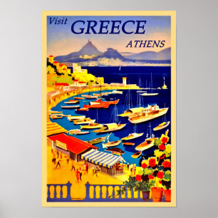Bezoek Griekenland, Vintage van Athene Poster