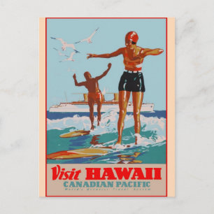 Bezoek Hawaii - Surfen - Vintage-reizen Briefkaart