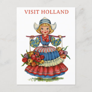 Bezoek Holland Dutch Woman Tulip Travel Briefkaart