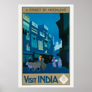Bezoek India A Street door Moonlight Travel Poster