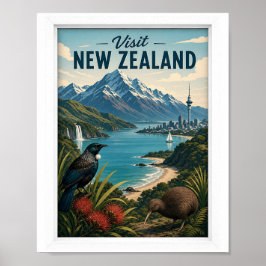 Bezoek Nieuw-Zeeland Reis Vintage Poster