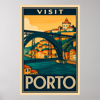 Bezoek Porto Portugal Retro Reisposter  Art Deco Poster