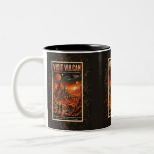 Bezoek Vulcan - Retro Galactisch Reisposter Tweekleurige Koffiemok