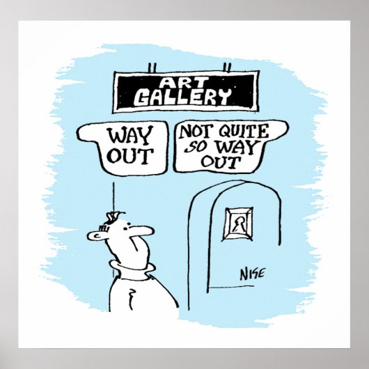 Bezoeker geamuseerd door borden in een kunstgaleri poster (Voorkant)