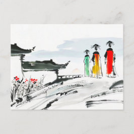 Bezoekers aan een tempelbinnenplaats China Briefkaart