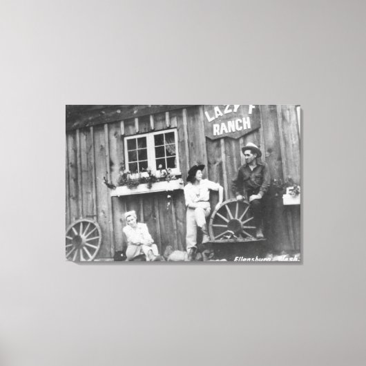 Bezoekers buiten een Lazy F Ranch Bldg Canvas Afdruk (Voorkant)
