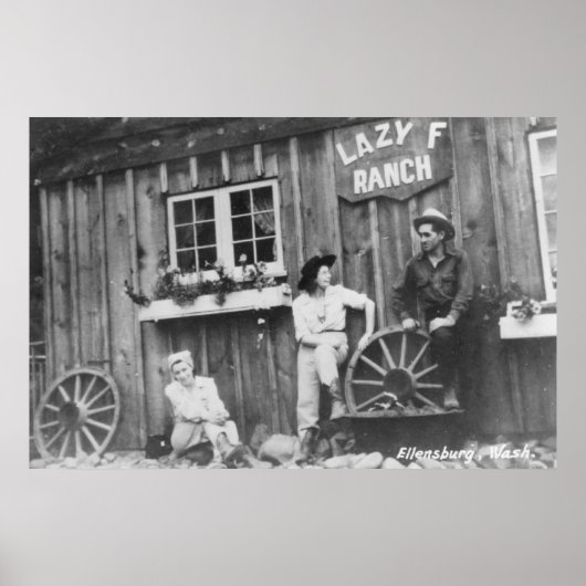 Bezoekers buiten een Lazy F Ranch Bldg Poster (Voorkant)