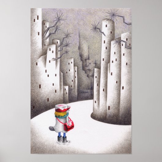 Bezorger op een besneeuwde weg. poster (Voorkant)