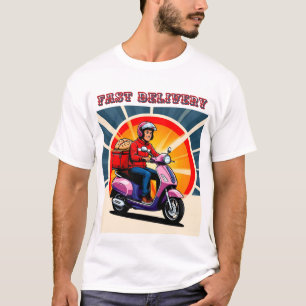 Bezorgpersoon op een scooter met voedselbox t-shirt