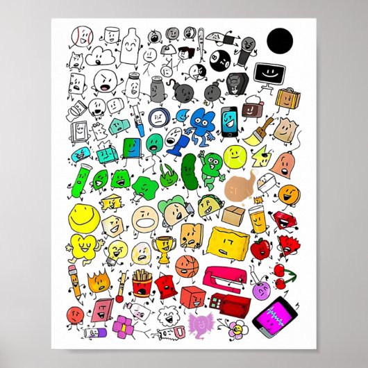 BFDI Inanimate Insanity Alle personages Poster (Voorkant)