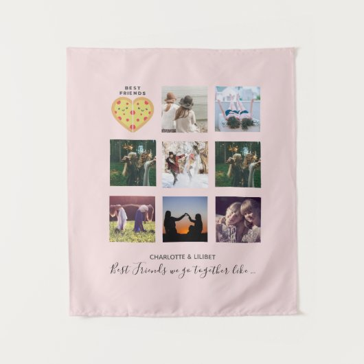 BFF Foto Collage Cadeaus Stof Roze PIZZA Vrienden Wandkleed (Voorkant)