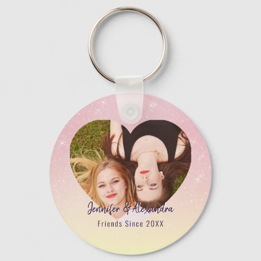 BFF Roze Glitter Hart Vrienden Foto & Namen Sleutelhanger (Achterkant)