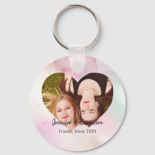BFF Roze marmer Heart Custom Friends Photo & Names Sleutelhanger (Voorkant)