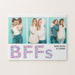 BFFs Three Photo Personalized Name Girly Heart Legpuzzel<br><div class="desc">Dit ontwerp kenmerkt een moderne tekst BFF die van gierig hart wordt gemaakt en drie foto puzzle met uw gepersonaliseerde namen. Met dit prachtige cadeau vieren we je vriendschap met je beste vrienden. Voeg je eigen foto's toe en geef de namen uit in de tekstvakken #puzzle #jigzaag #jigsawpuzzles #games #plezier...</div>