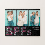 BFFs Three Photo Personalized Name Girly Heart Legpuzzel<br><div class="desc">Dit ontwerp kenmerkt een moderne tekst BFF die van gierig hart wordt gemaakt en drie foto puzzle met uw gepersonaliseerde namen. Met dit prachtige cadeau vieren we je vriendschap met je beste vrienden. Voeg je eigen foto's toe en geef de namen uit in de tekstvakken #puzzle #jigzaag #jigsawpuzzles #games #plezier...</div>