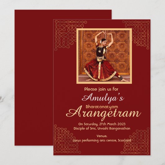Bharatanatyam Arangetram nodig je uit met je foto Kaart (Voorkant / Achterkant)